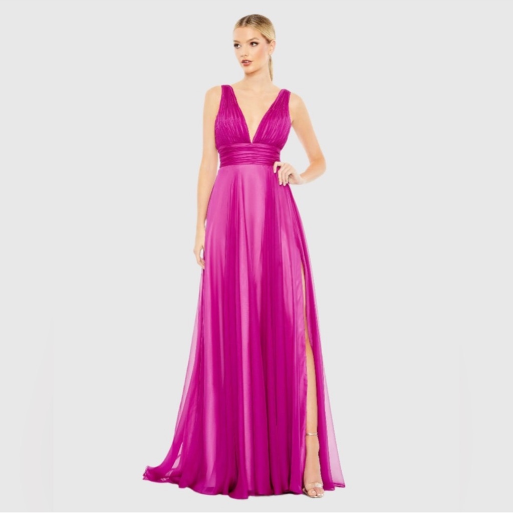Mac Duggal Purple Draped Sleeveless V Neck Flowy Gown